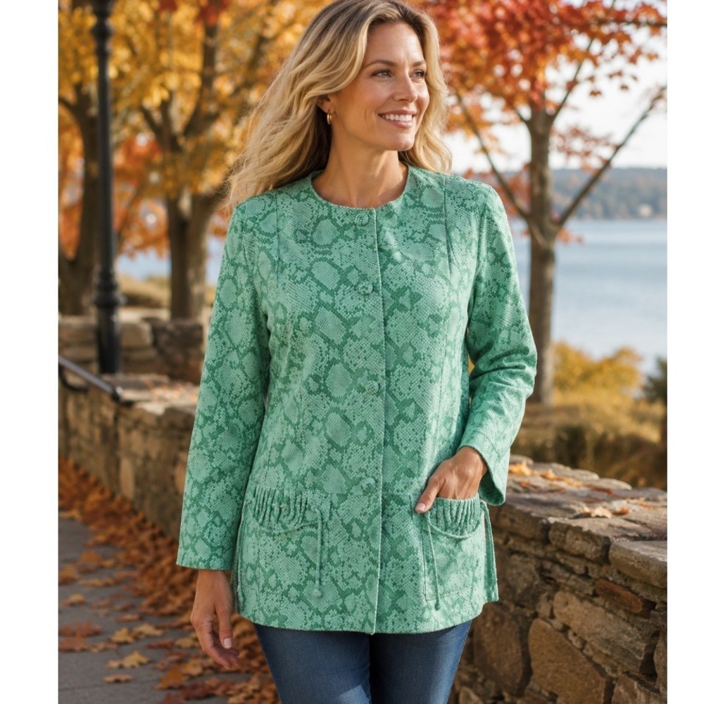 Chi by Falchi Green Snakeskin Print Button Front Jacket Women XL Animal Pattern